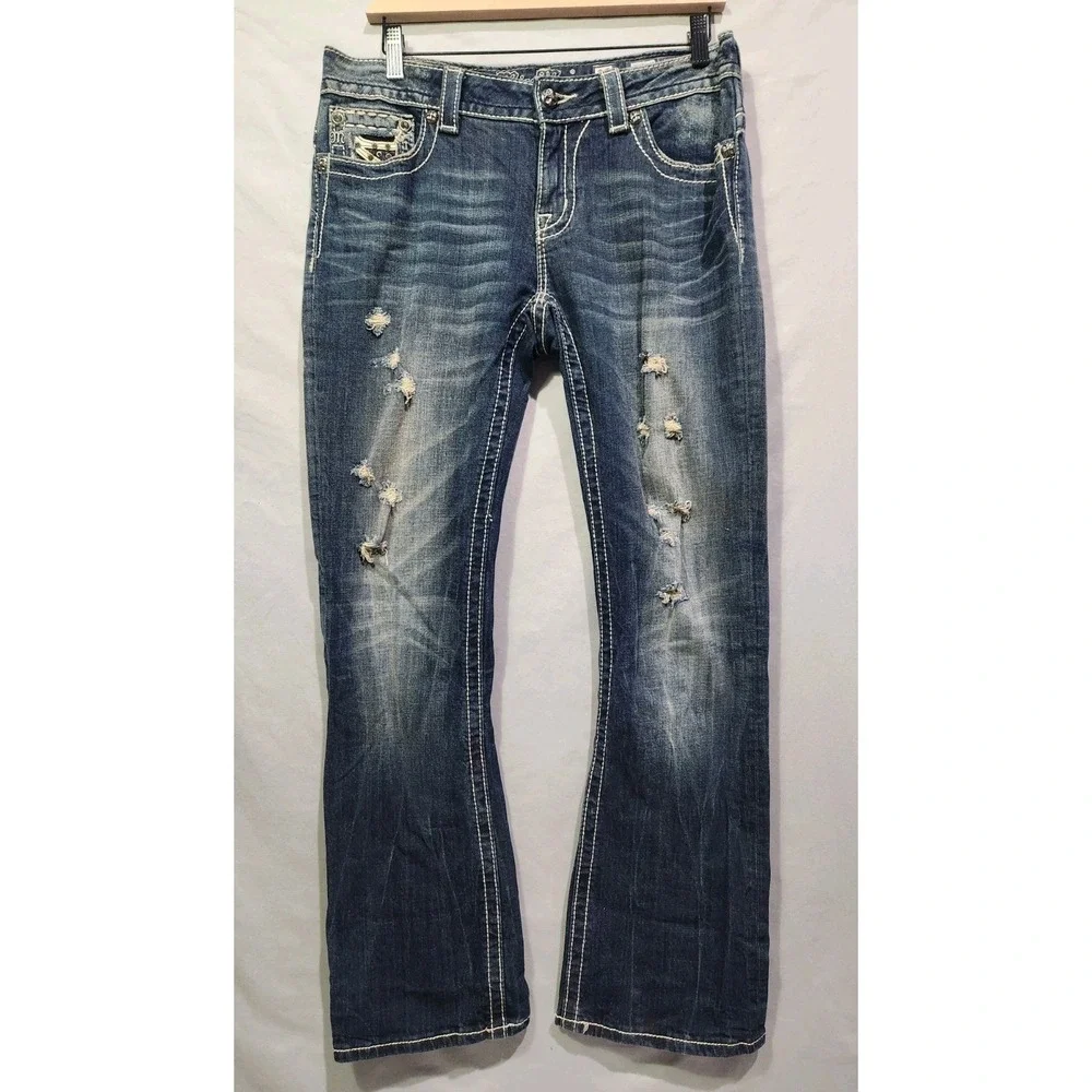 Miss Me Easy Boot Thick Stitch Jean Women 29 Distressed Paisley Rhinestone Jewel - Picture 2 of 10